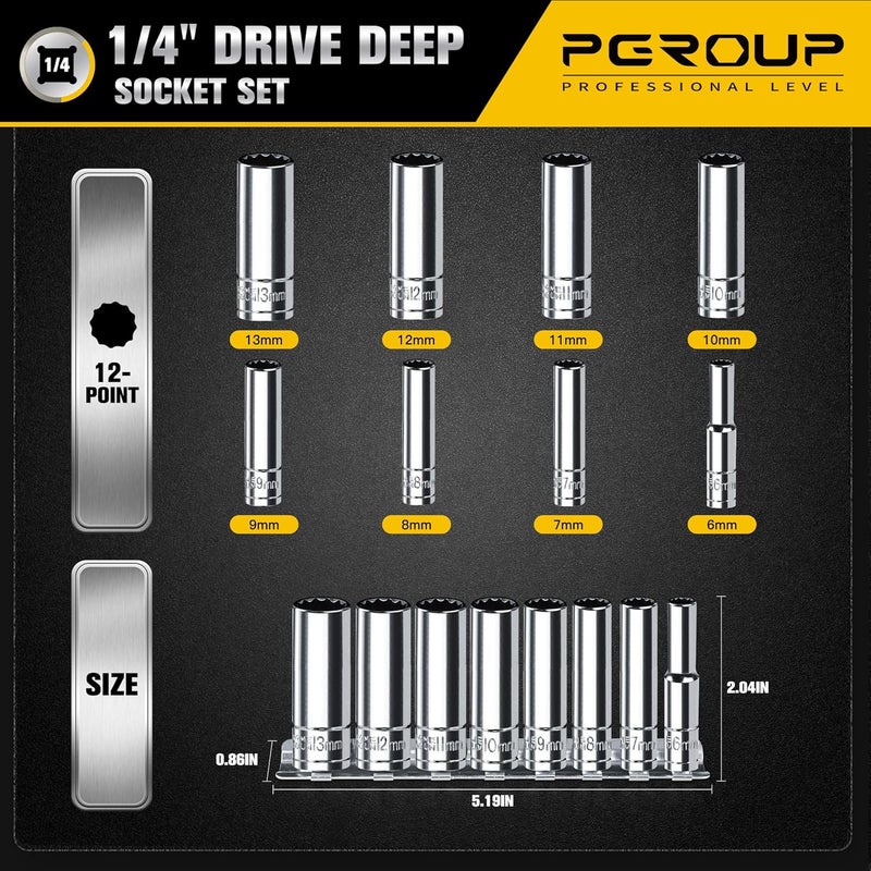 pgroup 1/4 Inch Drive Socket Set - 8 Piece Metric 12-Point Deep Socket Set (6mm, 7mm, 8mm, 9mm, 10mm, 11mm, 12mm, 13mm)- Chrome Vanadium Steel with Sturdy Holder - 50BV30 - Image 2